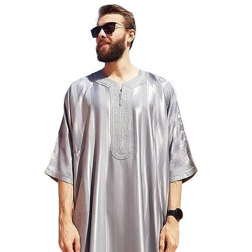 ElzEy Men's Kaftan V-Neck Robe Short Sleeve Arabic Islamic Shirt Embroidery Casual Loungewear Long Thobe Gown