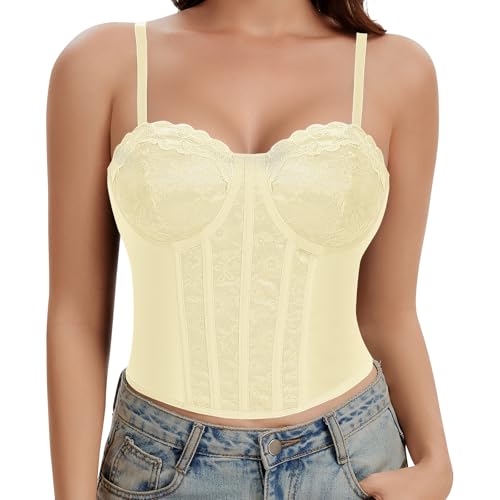 Image of Werkiss Lace Boned Corset Top for Women Going Out Bustier Corset Top with Straps Sexy Overbust Corsets Push Up Crop Tops(Beige Vanilla-Satin, XS)