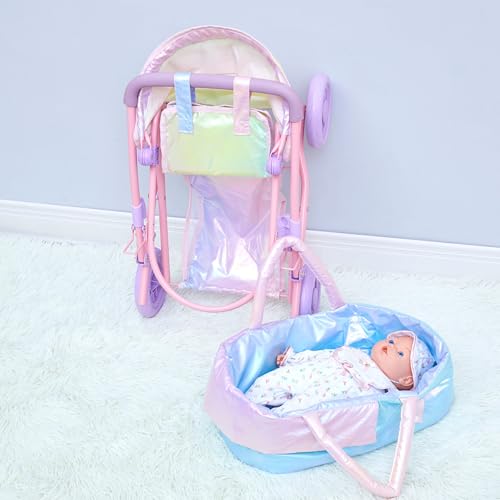 Olivia’s Little World Magical Shimmer Deluxe 2-in-1 Baby Doll Stroller with Matching Mini Diaper Bag, Iridescent Rainbow by Teamson Kids - Image 4