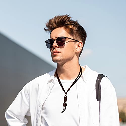 Sanfenly Leather Necklace Bracelet for Men Tribal Wolf Tooth Wood Bead Cross Pendant Necklaces Braided Wristband Vintage Brown Black Jewelry Set Adjustable4