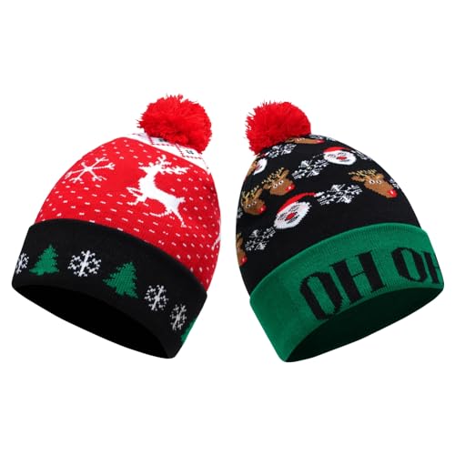 2THESTARS Christmas Hat 2 Pack Light Up Knitted Beanie Hat Xmas Santa Holiday Cap LED Lights