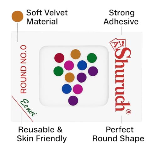 Image of Pride Sales A1 Shuruchi Round No.5 Bindis for Women (Combo of 12 Packs) - Red, Black, Maroon & Multicolour | Premium Self Adhesive Round Bindis for Daily & Festive Wear (MUTI)