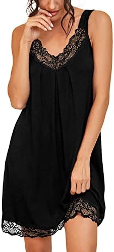 PrinStory Women's Loose Full Slips Lace Nightgown Chemise Sleepwear Cotton Jersey Lingerie US Small Black
