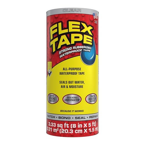 Flex Tape, Original Thick Flexible Rubberized Waterproof Tape - Seal and Patch Leaks, Works Underwater, Indoor Outdoor - Home RV Roof Plumbing and Pool Repairs, Clear, 8 in x 5 ft, Pack of 1