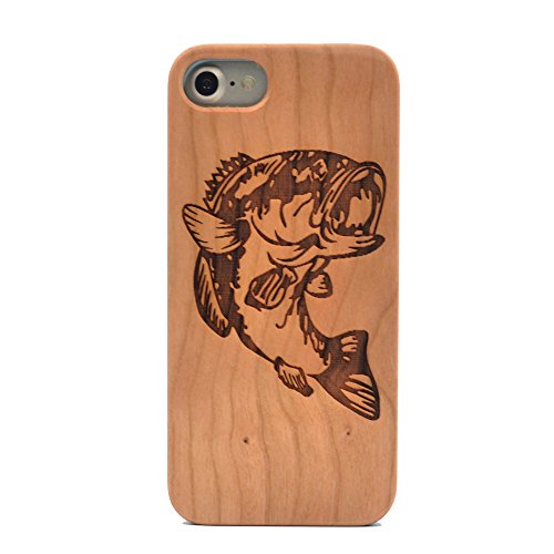 iPhone 8 Case/iPhone 7 Case, Natural Real Wood Carving Bass Fish Pattern Slim