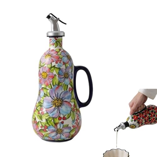Botella dispensadora de aceite de oliva de cerámica, botellas de aceite de oliva pintadas a mano de 23 onzas con asa, vinagre de gran capacidad para cocinar y evitar la exposición a la luz (azul)