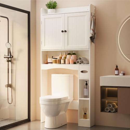 Image of Ahomly Over The Toilet Storage Cabinet, 32.3 inch W x 70.3 inch H, White | Over Toilet Bathroom Organizer with Doors, Adjustable Shelves, Toilet Paper Holder, 2 Side Hooks, for Bathroom, Laundry