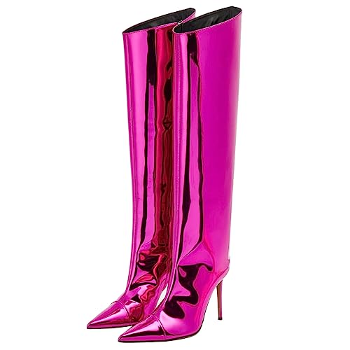 Image of Arqa Knee High Boots for Women Wide Calf 4 in Stiletto High Heel Metallic Boots Winter Chrome Zipper Long Boots Dressy Party Shoes
