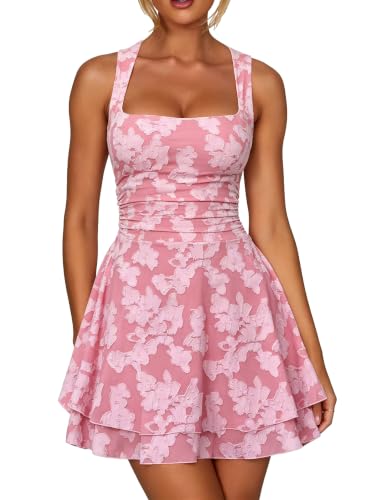 Kaximil Women's Square Neck Floral Ruffle A Line Mini Dress, M, Pink