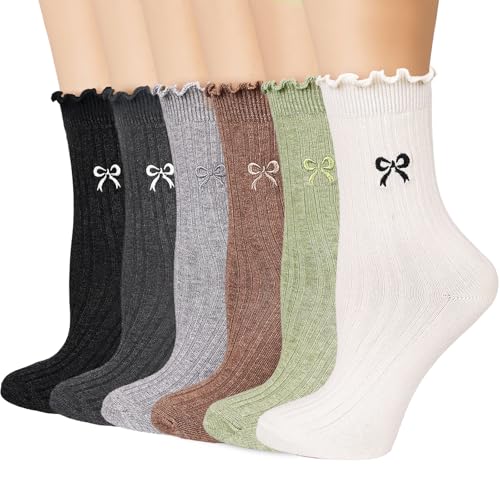 Mcool Mary Women's Ruffle Socks, Casual Ankle Embroidered Breathable Knit Cotton Cute Crew Sock 6 Pack