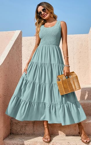 Image of PRETTYGARDEN Women's 2026 Casual Loose Plain Maxi Sundress Smocked Tank Dress Sleeveless Summer Beach Tiered Long Dresses