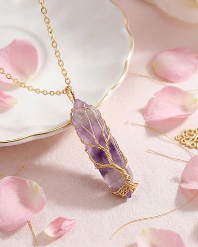 Image of Tree of Life - Amethyst Healing Crystal Chakra Necklace & Pendant, Reiki Spiritual Jewelry Gift for Women & Men, Positivity Energy Protection, Good Luck, Birthday Gifts for Women, Mom, Sister