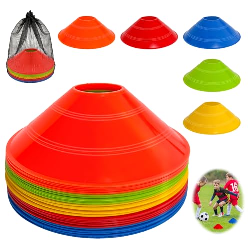 25 Pack Soccer Cones for Sports Training with Mesh Carry Bag, Multi-Color Agility Disc Cones for Football Basketball Drills, 7.5 Inch Flexible Plastic Field Markers for Kids & Adults (25 Pack)