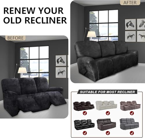 Image of molasofa Recliner Sofa Covers - 8 Pieces Stretch Leather Like Large Couch Covers for 3 Seats Reclining Slipcovers Soft Jacquard Pattern Furniture Protector (Charcoal Grey)