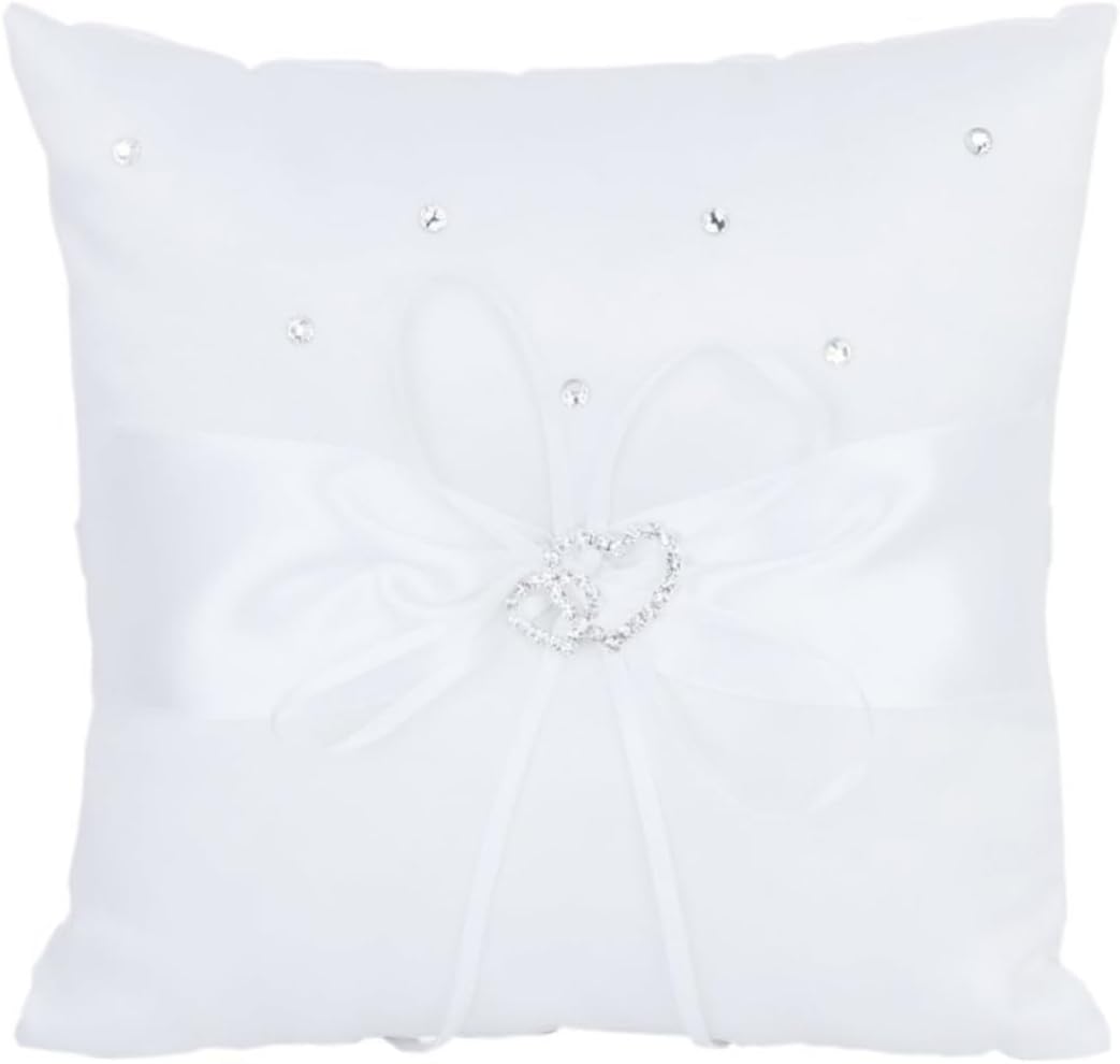 Double Heart Wedding Ring Bearer Pillow Cushion in White Satin with Ribbon Strap for Wedding Ceremony and Ring Presentation or Page Boy