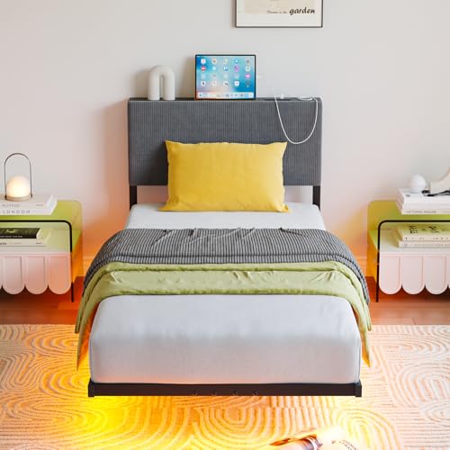 HOMERECOMMEND Single Bed Frame with LED Lights,90x190 Bed,Dark Grey