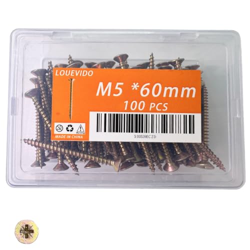 Juego de tornillos para madera M5 x 60mm con cabeza plana Phillips, acero carbono galvanizado en zinc dorado miniatura 1