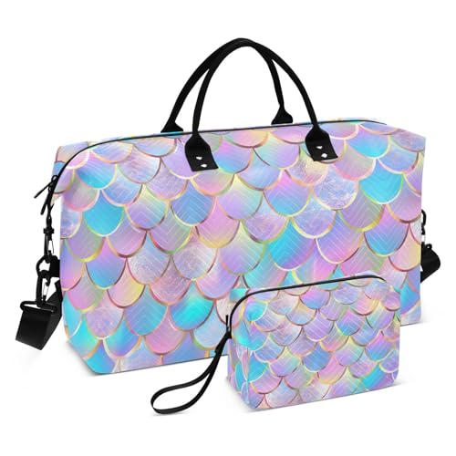 Fish Scale Travel Duffle Gym Bag, Fish Scales Colorful Print Weekender for Women with Toiletry Bag