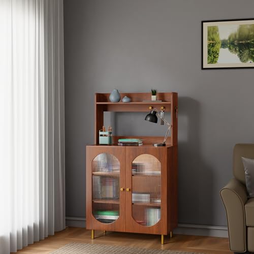 Image of Rocco Stellar Bookshelf with Upper Shelf, Auto LED Lights & Acrylic Doors | Engineered Wood Bookcase | Adjustable Shelves, Scratch-Resistant | Living Room, Library & Office (Teak Brown, Medium Size)