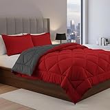 Elegance Linen Silky Soft Goose Down Alternative Reversible 3-Piece Comforter Set, Full/Queen, Red/Gray