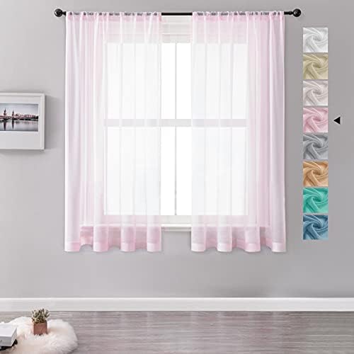 MRTREES Voile White Curtains 48 Inch Drop 2 Panels Voile Curtain Panel Rod Pocket for Door Bedroom Kitchen 55x48 Inch Drop Short Sheer Curtains 140cm x 122cm
