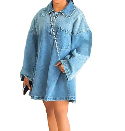 cffvdiz Women's Vintage Distressed Loose Denim Dresses Summer Long Sleeve Pullover Short Jean Dress