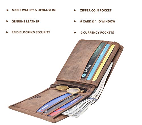 RFID Genuine Leather Bifold Wallet for Men and Women,2 Note pocket,coin pocket,multi card slots & ID window3