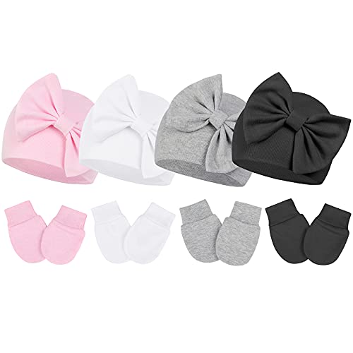 Image of Mittens and Caps for Newborn Baby Girls Set Hospital Hat Beanie Infant Hats with Bow for 0-6 Months