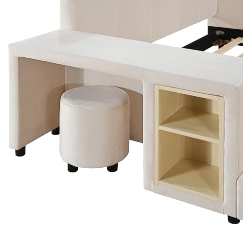 Bedgjh UPHOLSTERED PLATFORM BED Queen Size Upholstered Bed Frame With Bedside Desk And Little Round Stool thumb #5