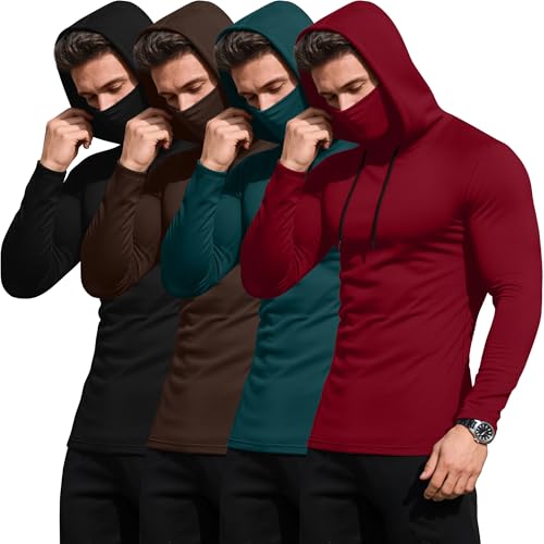 Yearntown 4 Pack Men's Compression Hoodies with Mask Sweatshirt Long Sleeve Workout Sports Base Layer Active Running Pullover(Black, Brown, Emerald Green, Red,Large)