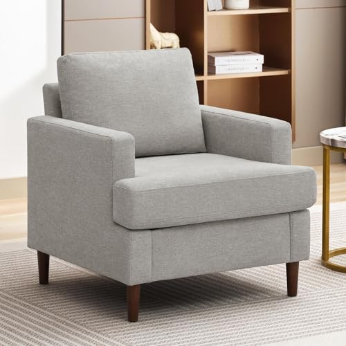 Weture Mid-Century Accent Chair,Modern Linen Fabric Armchair for Living Room,Comfy Upholstered Reading Accent Chairs for Bedroom,Single Sofa Chair with Wood Legs (Light Grey, 1 Pack)