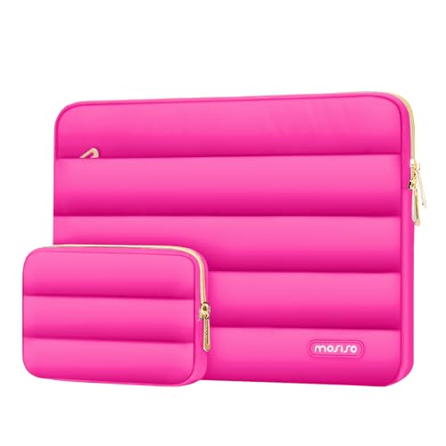 Image of MOSISO 13-14 inch Laptop Case, 13.3 inch Puffy Laptop Sleeve Compatible with MacBook Air 13 13.6 M3 M2 M1 /Pro 13 /Pro 14, HP, Dell, ASUS, Lenovo, Polyester Horizontal Bag with Small Case, Rose Red