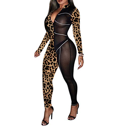 VWIWV Women's Sexy Long Sleeve Zipper Front Leopard Patchwork See Through Bodycon Jumpsuit Rompers