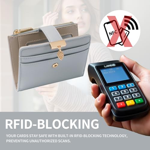 Image of Pomelo Best Wallet Women Bifold Leather Wallets for Women Credit Card Holder with ID Window Zipper Coin Pocket Blue Gray
