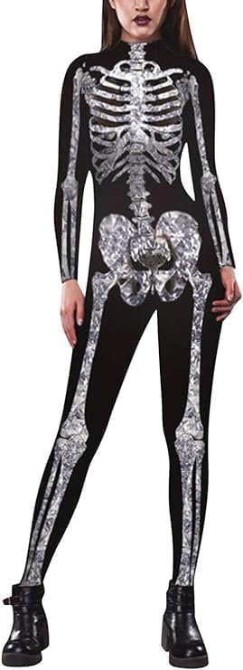 aotuo Women's Skull Skeleton Halloween Costume Jumpsuit Bodysuit Cosplay Bodysuit Outfit - Front and Back Print with Zip (Silver, XXL)
