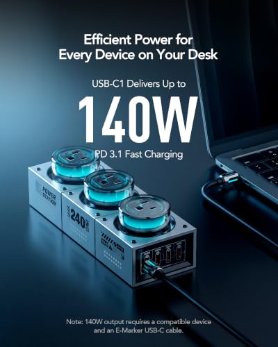 Image of MFish E-Tank 240W GaN Desktop Charging Station, 7-in-1 Desktop Power Hub | 3 AC outlets, 4 USB-C ports, 140W PD 3.1, smart power sharing, RGB lighting