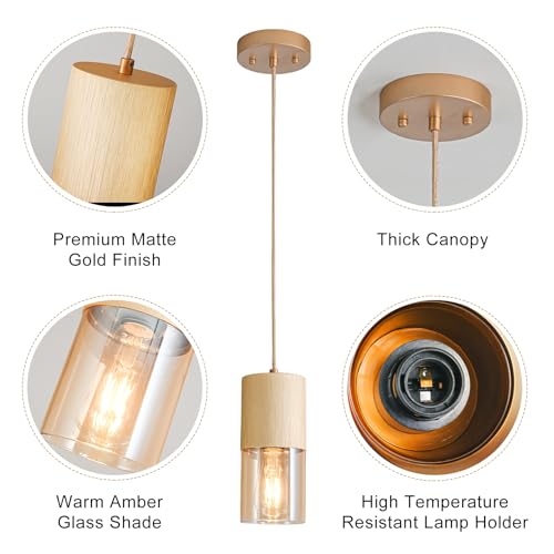 Image of 3-Pack Gold Pendant Light Fixtures, Adjustable Modern Pendant Lights for Kitchen Island, Industrial Amber Glass Pendant Lights for Dining Table Hallway Bedroom Living Room
