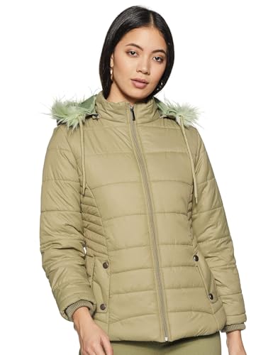 Image of Qube By Fort Collins Women's Medium-Length Bomber Jacket with Detachable Hood Stylish Winterwear for All-Day Comfort |Material: Nylon