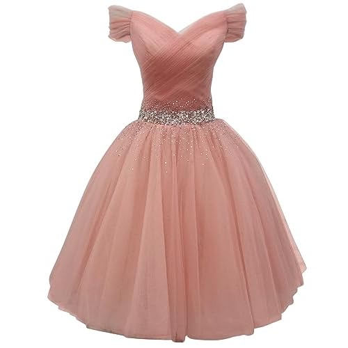 Tulle Homecoming Dresses for Teens Off Shoulder Short Prom Dresses Sparkly Beaded Cocktail Gowns One Size Blush
