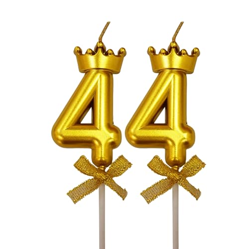 Image of 2 Pc 44 Number Candle for Birthday Cake Metallic 44th Birthday Cake Decoration Forty Four Candle with Crown on Top Cake Topper 0-9 Number Candles for Anniversary (Pack of 2, Gold)