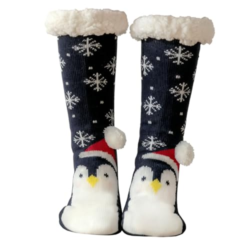 LMSHOWOWO Chaussettes Noël Antidérapantes Femme, Chaussette Polaire Noel, Chaussette Chausson de Noel, Chaussettes Fem Chaussettes Noël me Hiver Chaud, Cadeaux de Noël (Pingouin Bleu Marine)