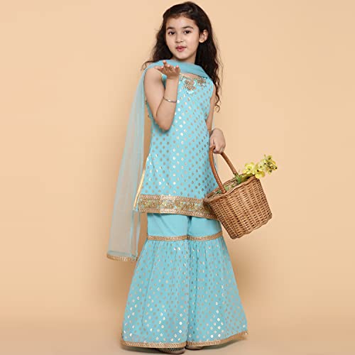 AJ DEZINES Kids Georgette Kurta Sharara Set For Girls With Dupatta - Indian Ethnic Party Wear |Foil Print Pattern4