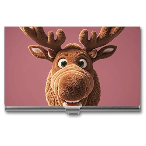 Slim Metal Business Card Holder - Funny Christmas Moose Head Aluminum Alloy Card Case with Buckle Closure, Holds 20 Cards & Cash, Professional Credit Card Size ID Holder for Men Women Gift