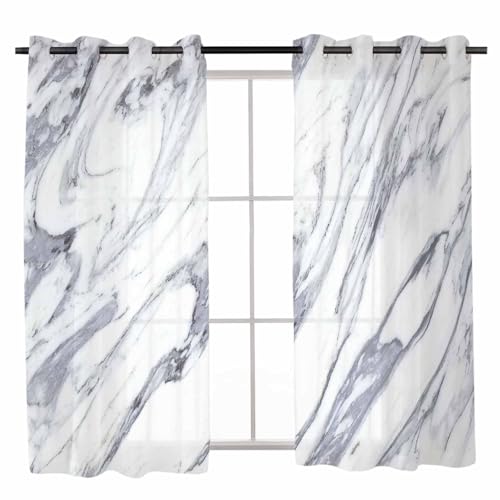 White Marble Sheer Curtains 39 Inch Length 2 Panels Set,
