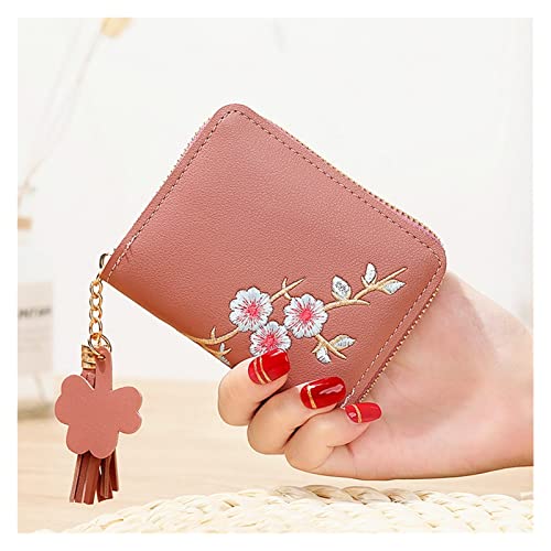 Plum Embroidered Women Short Zipper Wallet Fashion Ladies Small Clutch Casual Card Holder Solid Color PU Leather Female Purse,Luggage (B)