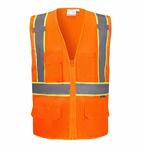 3C Products SV2600,ANSI/ISEA Class 2,High Visibility Mesh Vest,2” Reflective w/Yellow binding, Zipper,9 Pockets, Neon Orange,L