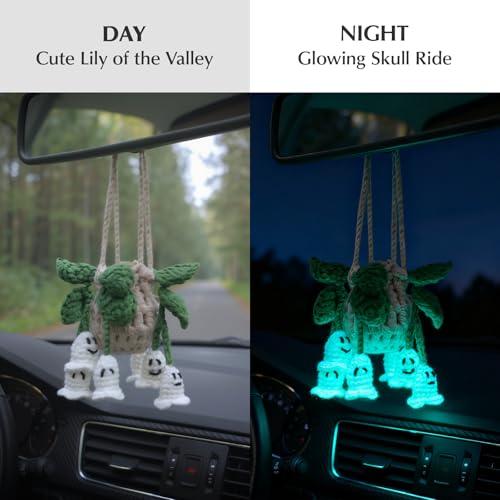 Image of ROFIGL Handmade Crochet Hanging Car Air Freshener - Glow-in-the-Dark Lily of the Valley Plant with 12ml Refillable Essential Oil Diffuser Bottle, Halloween Car Accessories & Bedroom Nightlight Decor