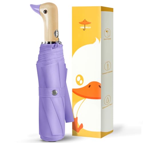 LEAGERA Compact Duck Umbrella Folding Automatic - Lightweight Backpack Goose Umbrella Purple Wooden Duck Handle Sturdy Windproof Travel Umbrellas