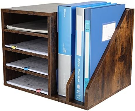 EasyPAG Wood Desktop 4 Tier in Tray A4 File Holder Magazine Organiser Paper Storage Office Desk Tidy Filing Rack,Brown,390x309x300mm