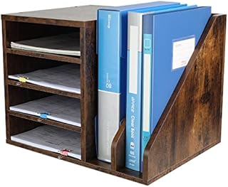 EasyPAG Wood Desktop 4 Tier in Tray A4 File Holder Magazine Organiser Paper Storage Office Desk Tidy Filing Rack,Brown,390x309x300mm